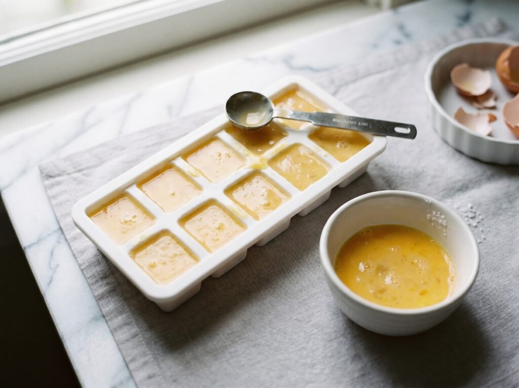 Whole egg mixture portioned into ice cube tray compartments for freezing out of shell