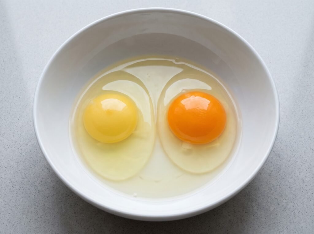 side-by-side comparison of pale store-bought egg yolk and deep orange pastured backyard egg yolk
