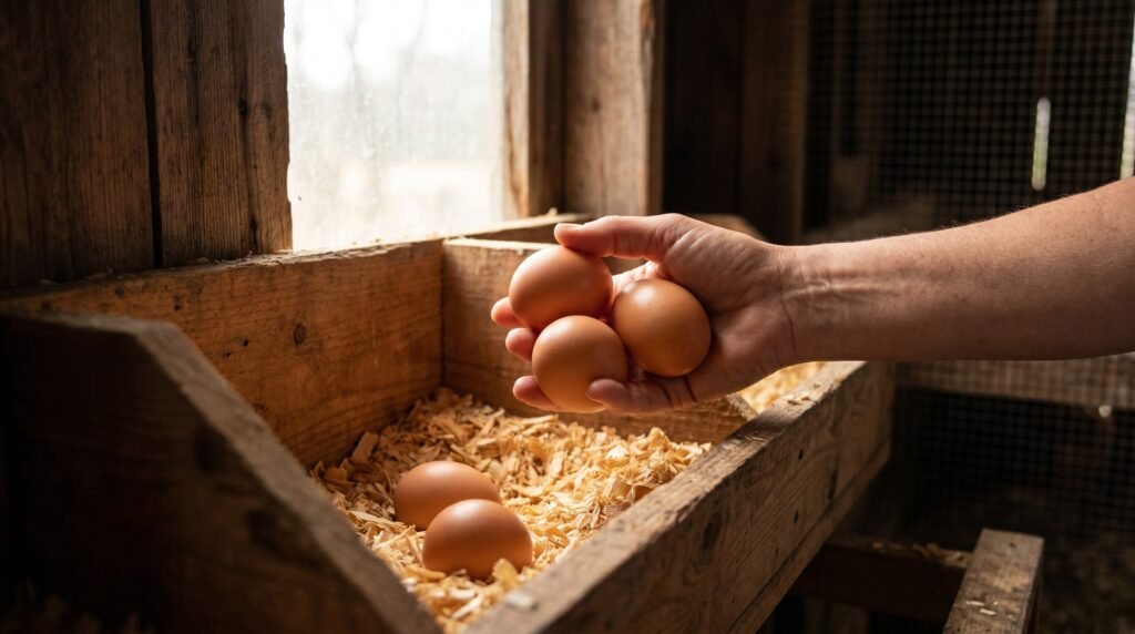 Hand collecting fresh brown eggs from a pine-shaving nest box in the coop