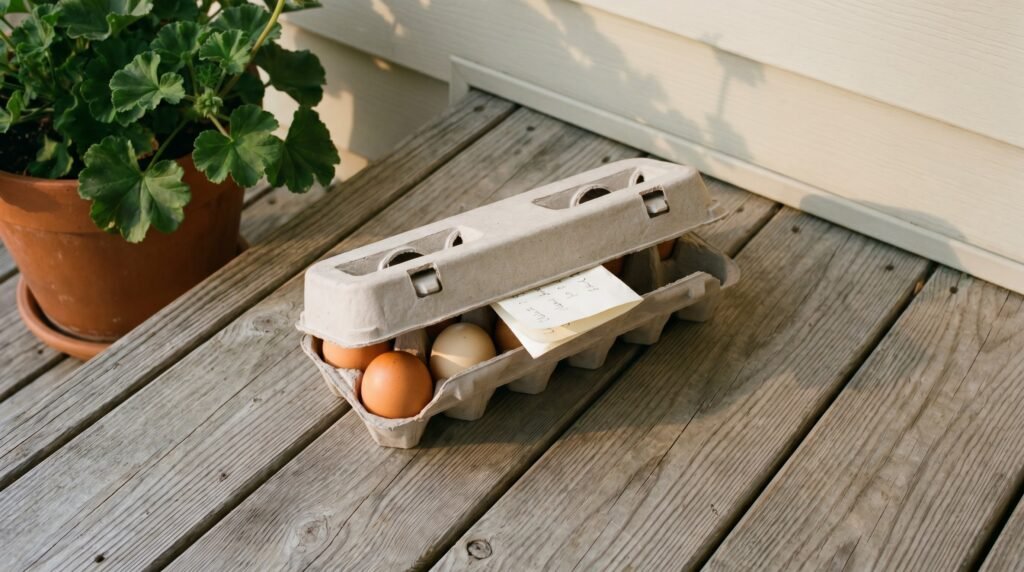 Carton of fresh backyard eggs left as a gift on a neighbor's front porch