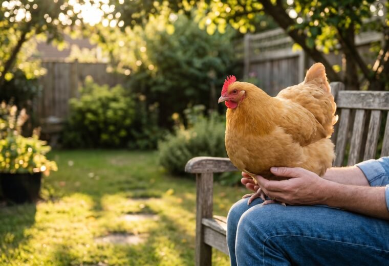 Buff Orpington hen sitting calmly on a person's lap in a sunny backyard garden