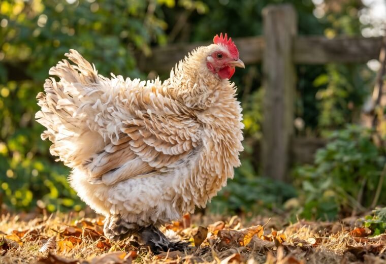 white bantam frizzle cochin hen with curled feathers standing outdoors in sunlight