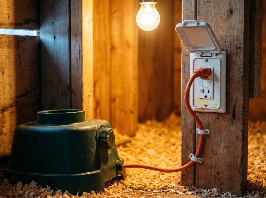Heated waterer cord routed safely to a GFCI wall outlet above a chicken coop floor