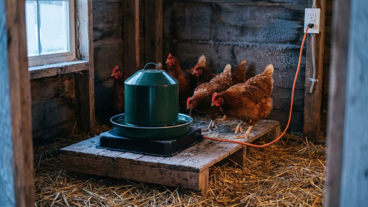 Heated base keeping a metal chicken fount unfrozen inside a winter coop