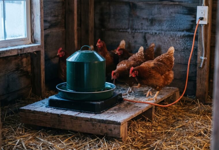 Heated base keeping a metal chicken fount unfrozen inside a winter coop