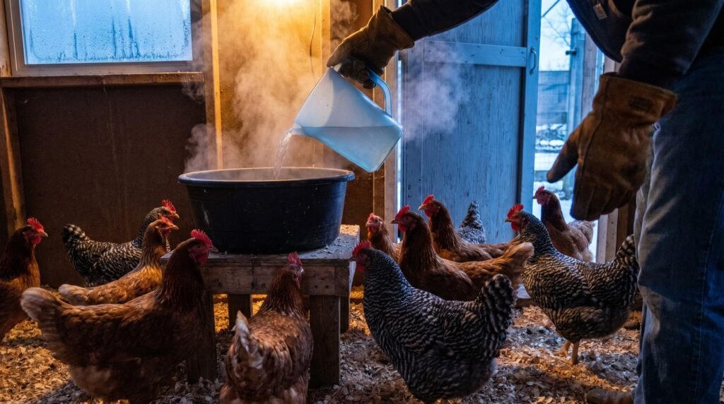 Pouring warm water into a chicken waterer during a cold winter morning check