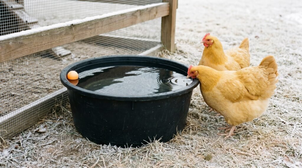 Black rubber tub holding unfrozen water outside a chicken run on a frosty winter day