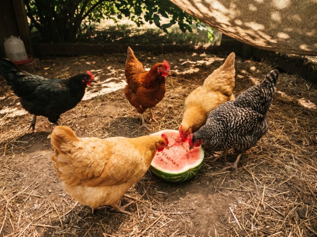 four backyard hens pecking at a halved watermelon cooling treat in a shaded summer run