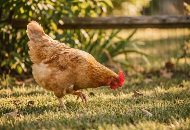 Golden Comet hen foraging in a backyard garden, showing reddish-gold plumage and single comb