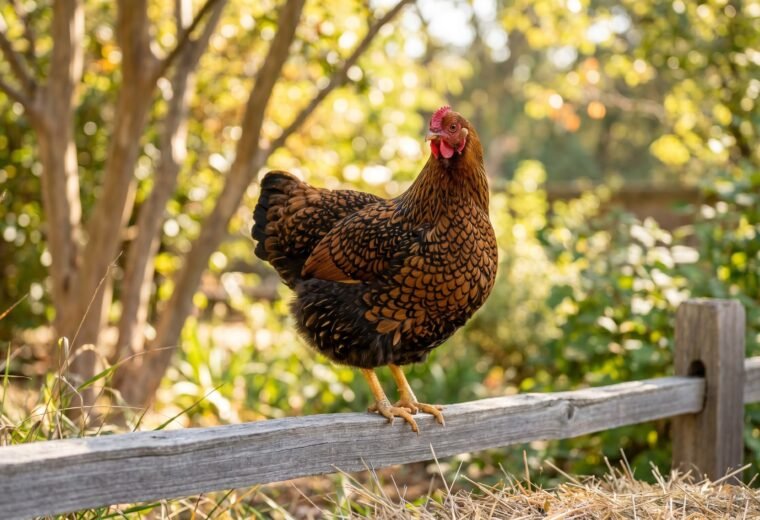 Golden Laced Wyandotte hen with mahogany and black laced feathers standing on a fence rail