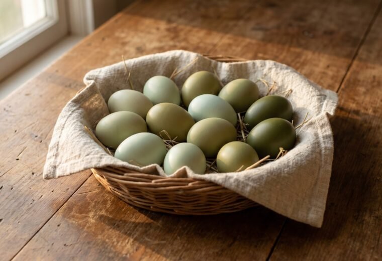A basket of freshly collected green eggs showing the full shade range from pale sage to deep olive