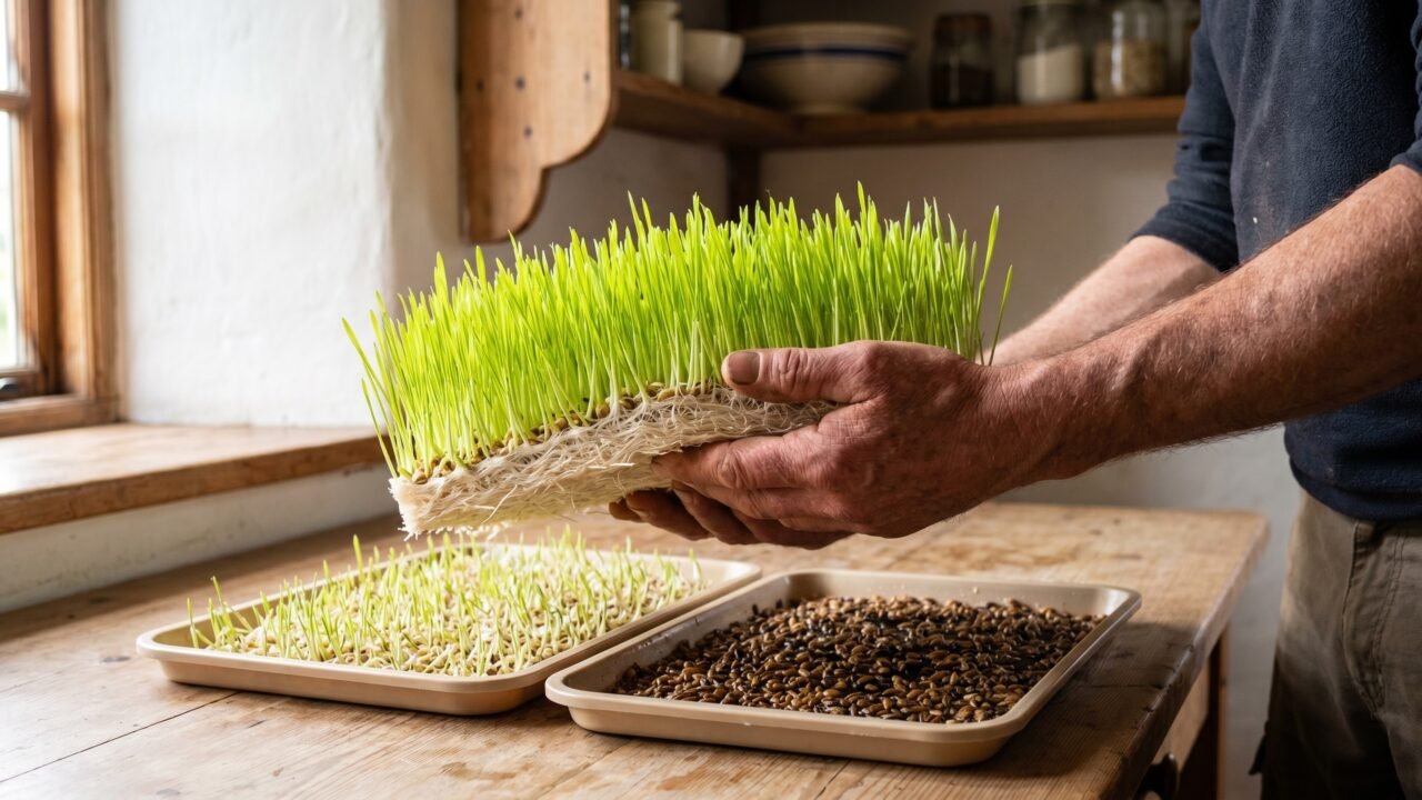 freshly harvested barley fodder mat held above a rustic kitchen table with sprouting trays