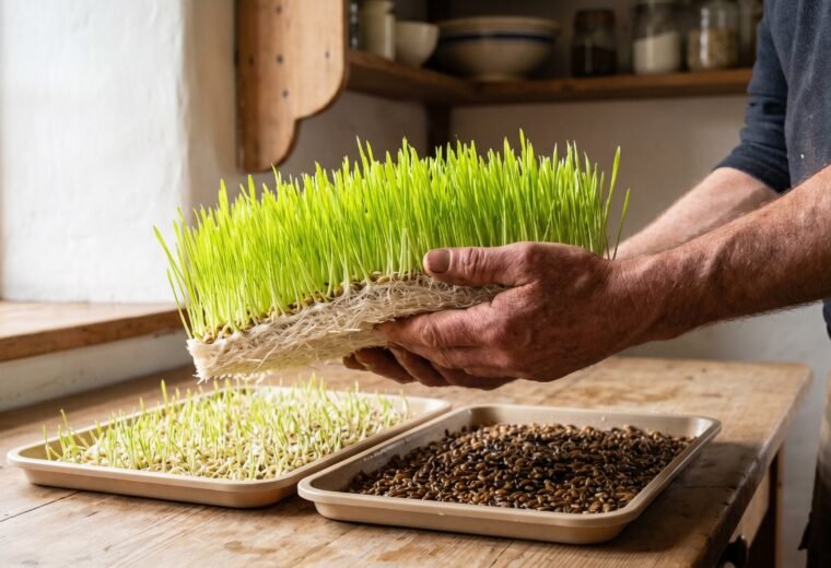 freshly harvested barley fodder mat held above a rustic kitchen table with sprouting trays