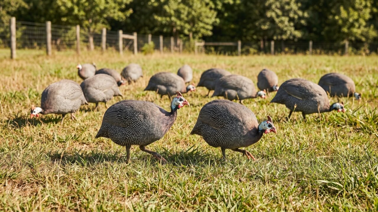 helmeted guinea fowl flock foraging together across a sunlit homestead pasture