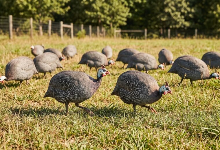 helmeted guinea fowl flock foraging together across a sunlit homestead pasture