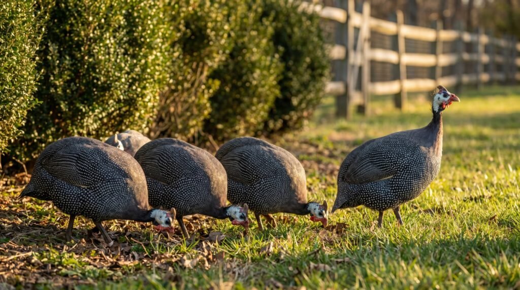 Guinea fowl foraging along a field edge, patrolling for ticks and insects on rural property