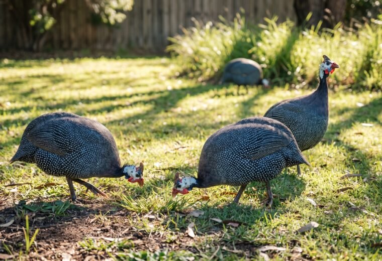 Four guinea fowl actively foraging across a backyard lawn searching for insects in morning light