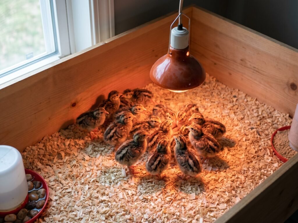 newly hatched guinea fowl keets clustered under a heat lamp in a pine shaving brooder