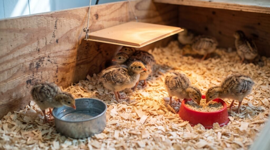 guinea fowl keets clustered under a heat plate in a clean wood-shaving brooder