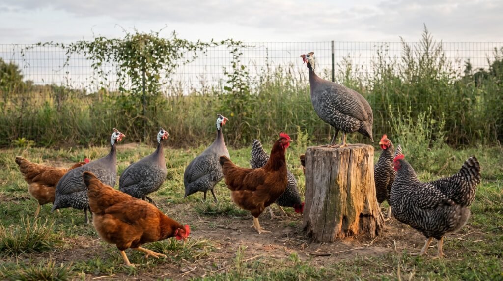mixed flock of guinea fowl and chickens free ranging together with guinea on alert