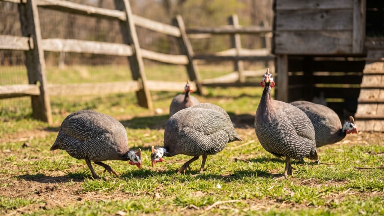small flock of helmeted guinea fowl foraging in a rural pasture near a wooden coop