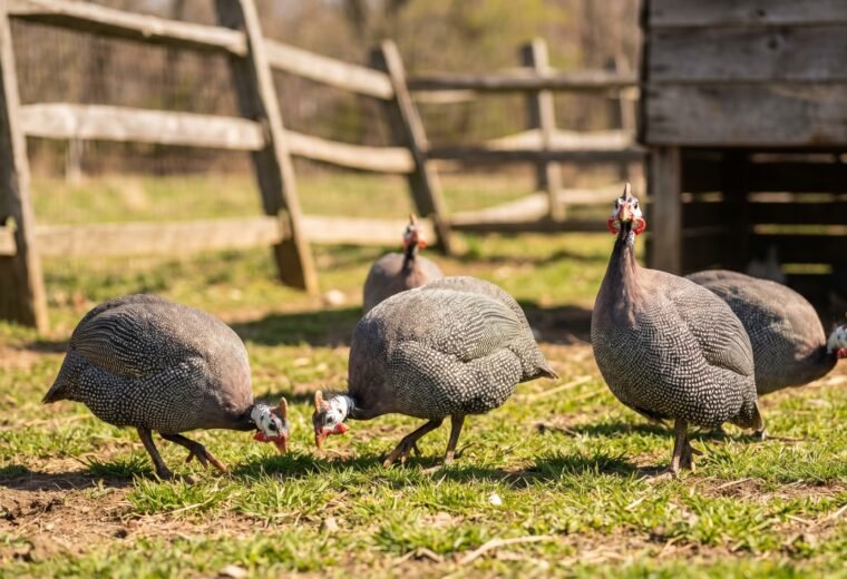 small flock of helmeted guinea fowl foraging in a rural pasture near a wooden coop
