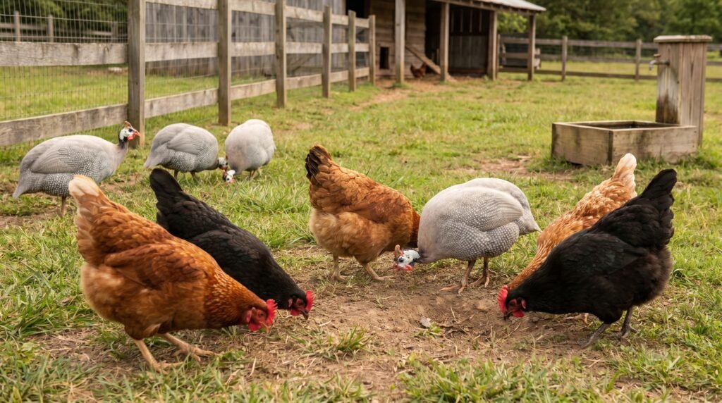 guinea fowl and backyard chickens foraging together peacefully in a mixed flock yard