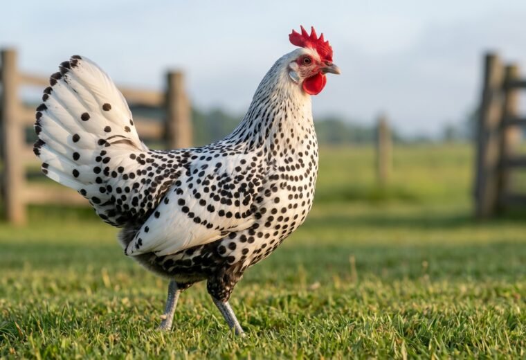 Silver Spangled Hamburg hen standing alert on green pasture, showing polka-dot plumage and rose comb