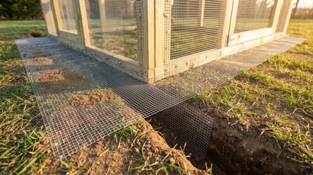 Hardware cloth apron buried in L-shape at base of chicken run to stop digging predators