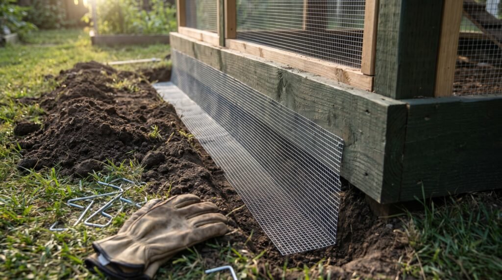 hardware cloth L-shaped burial apron being installed in a trench around a chicken run base