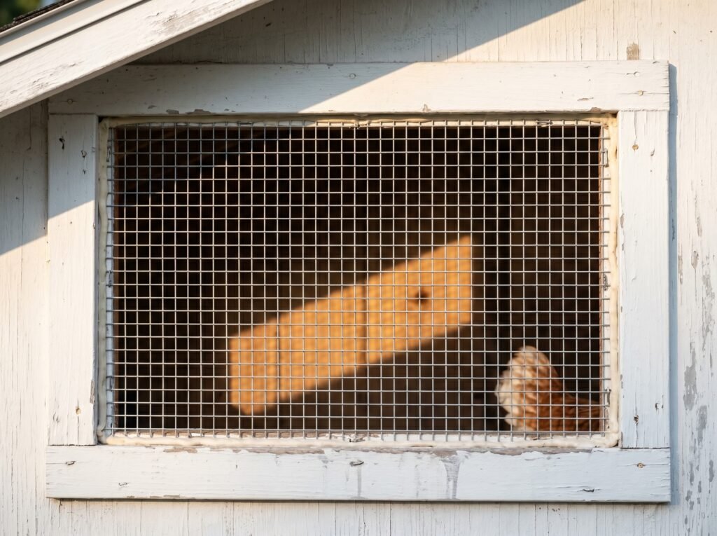1/2-inch hardware cloth stretched across a chicken coop ventilation opening secured with galvanized staples
