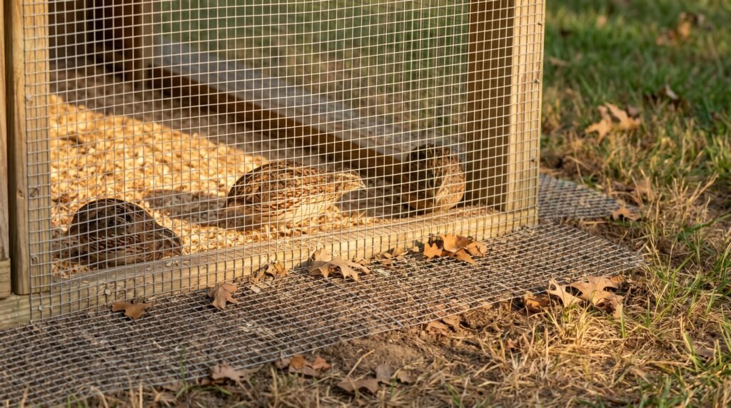 hardware cloth quail aviary wall showing buried wire apron at soil level for predator proofing