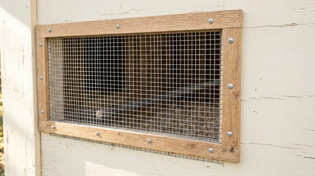 galvanized half-inch hardware cloth on chicken coop ventilation vent secured with oak batten strip and screws