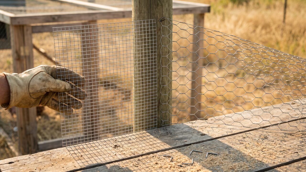 side-by-side comparison of hardware cloth and chicken wire mesh held against a wooden fence post