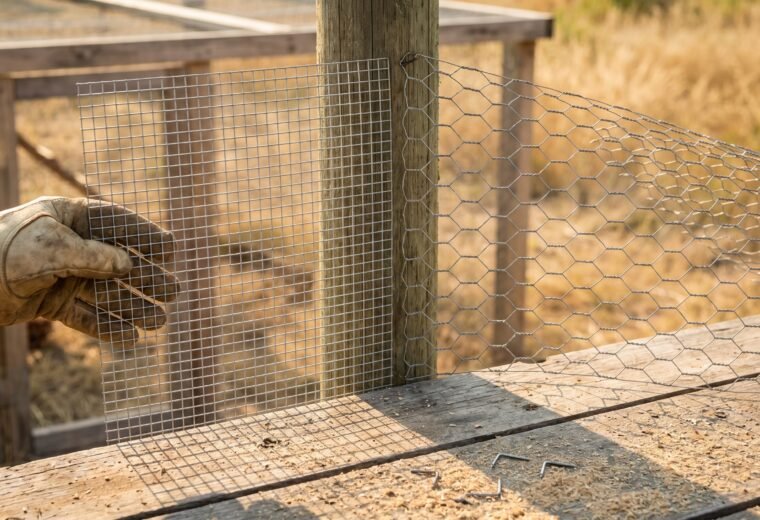 side-by-side comparison of hardware cloth and chicken wire mesh held against a wooden fence post