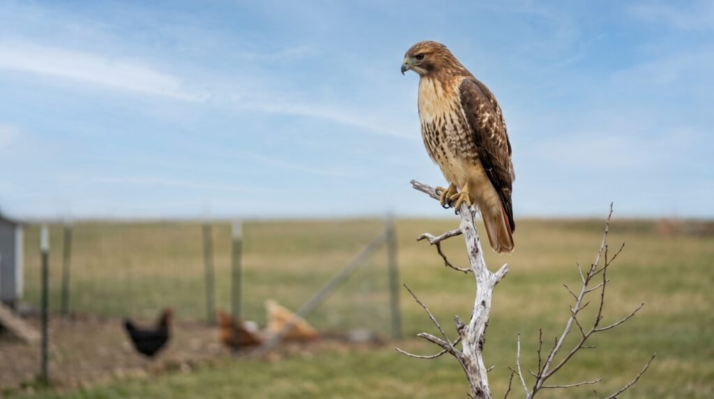 red-tailed hawk perched on isolated tree branch scanning yard for chickens