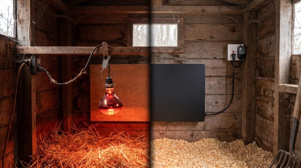 heat lamp with fire hazards on left compared to safe flat-panel heater on right in coop