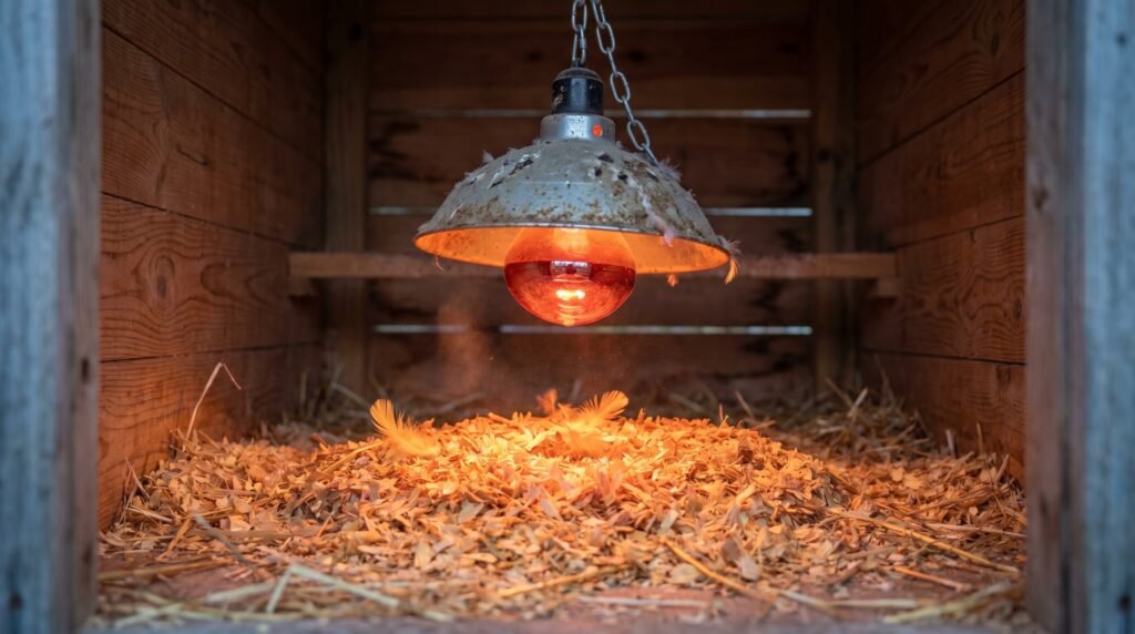 250-watt heat lamp hanging over pine shaving brooder litter illustrating fire risk