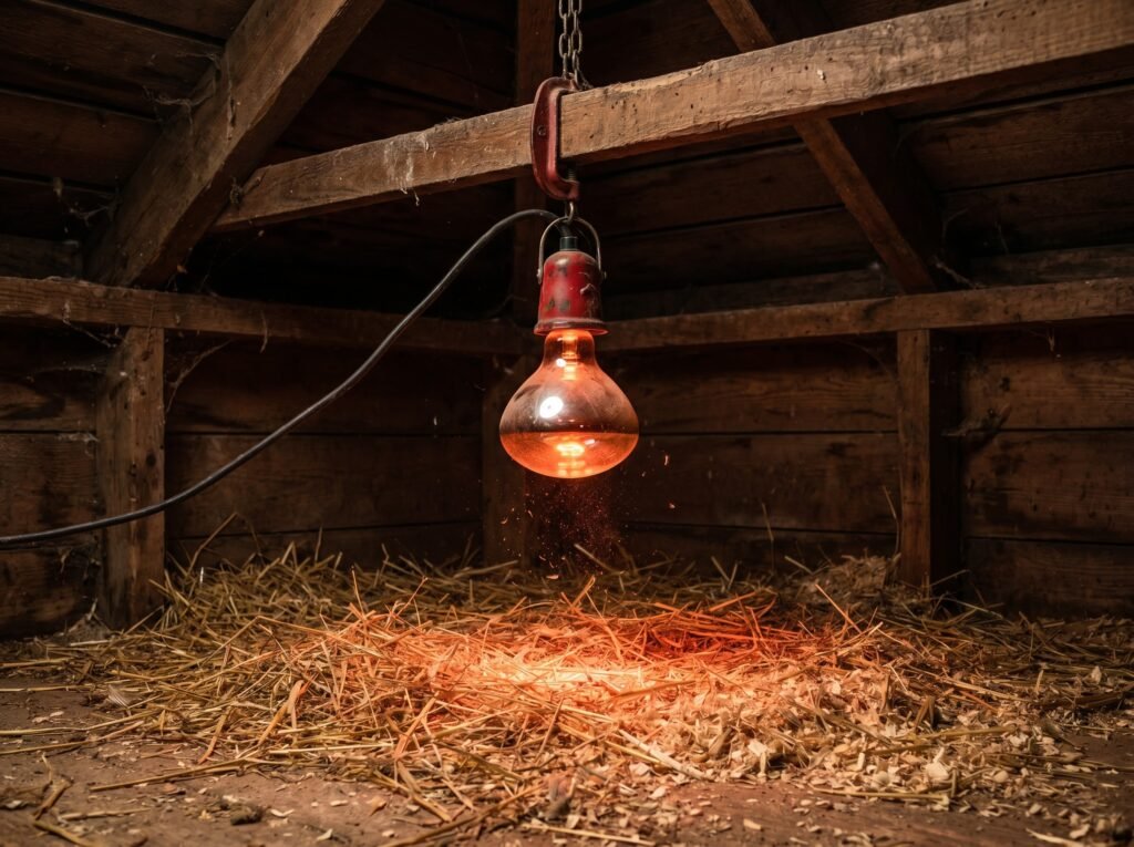 Glowing 250-watt heat lamp hanging close above dry straw bedding in a wooden chicken coop
