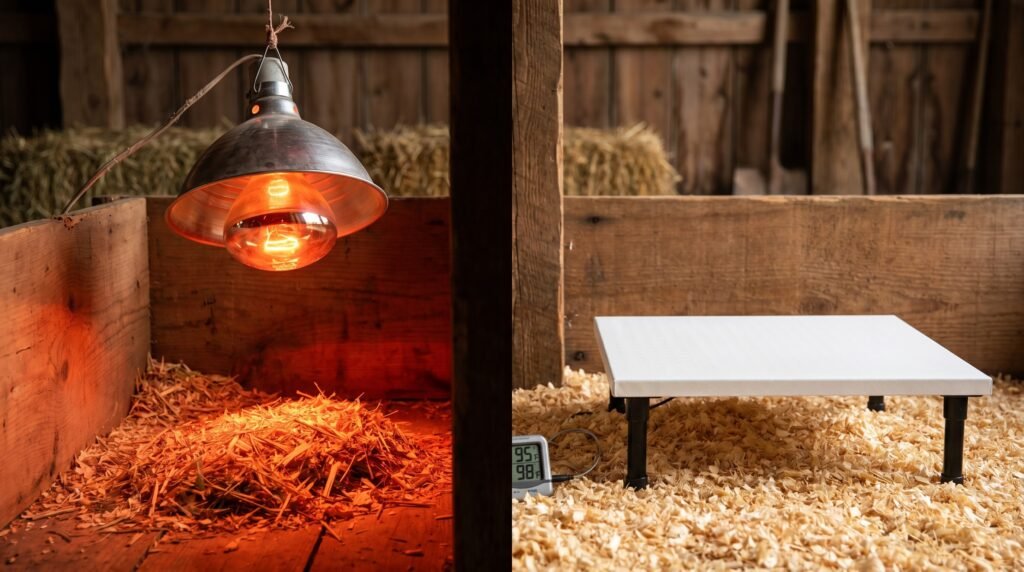 Infrared heat lamp next to a radiant heat plate showing the contrast in brooding setups