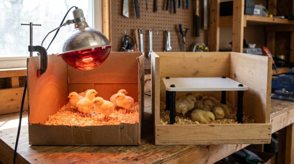 infrared heat lamp brooder on the left versus a radiant heat plate brooder on the right