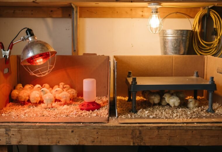 heat lamp and heat plate brooder setups side by side with day-old chicks underneath each