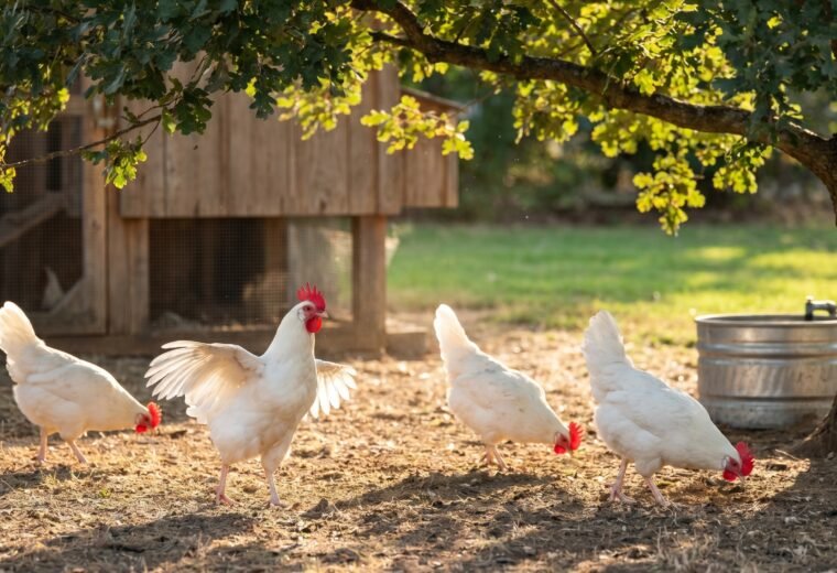 White Leghorn hens foraging in a shaded summer backyard run, combs bright red