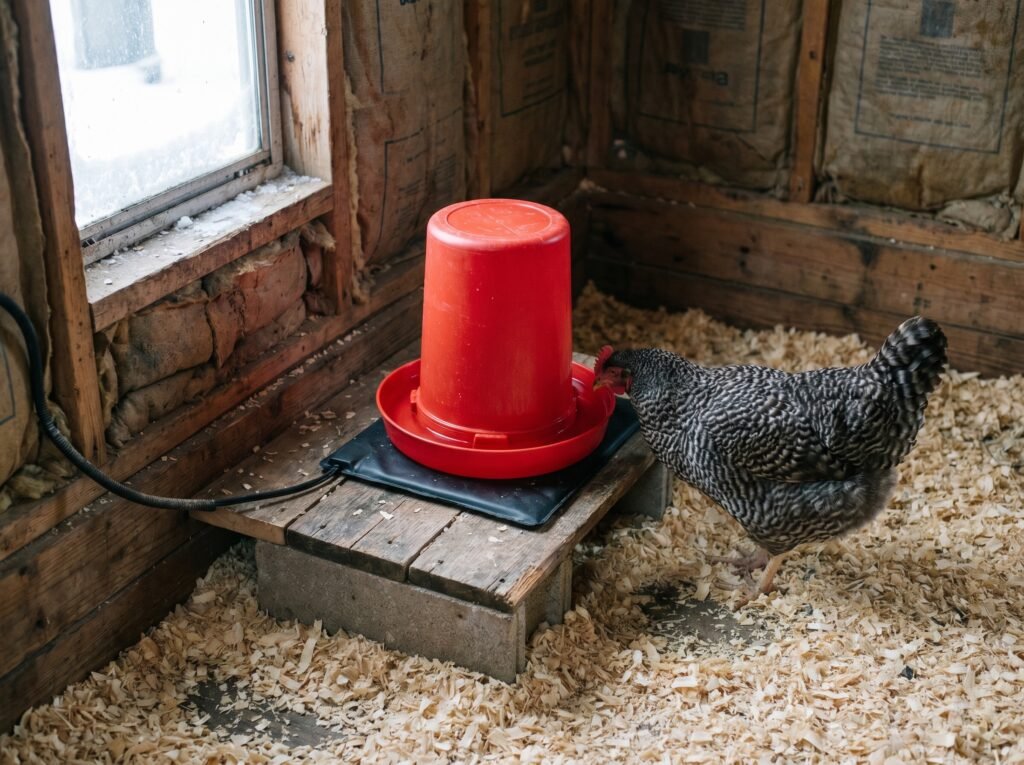 Heated waterer base keeping chicken water unfrozen inside a winter coop on a raised wooden platform