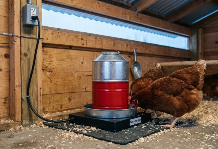 Heated chicken waterer base keeping a metal fount ice-free inside a winter coop