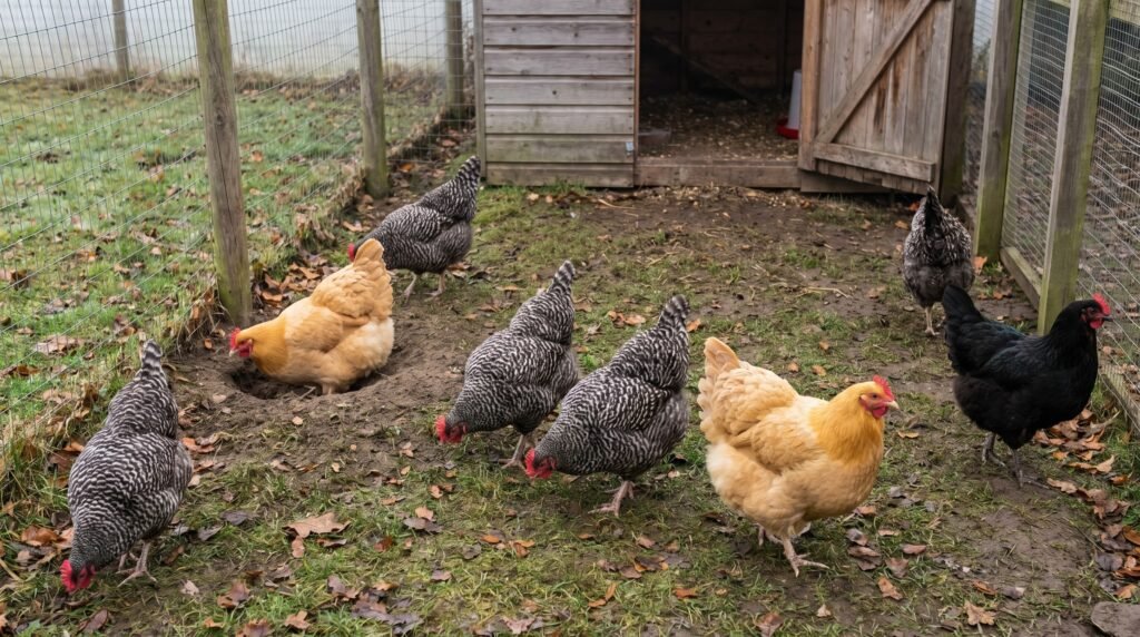 mixed flock of second-year hens foraging in a backyard run on an autumn morning