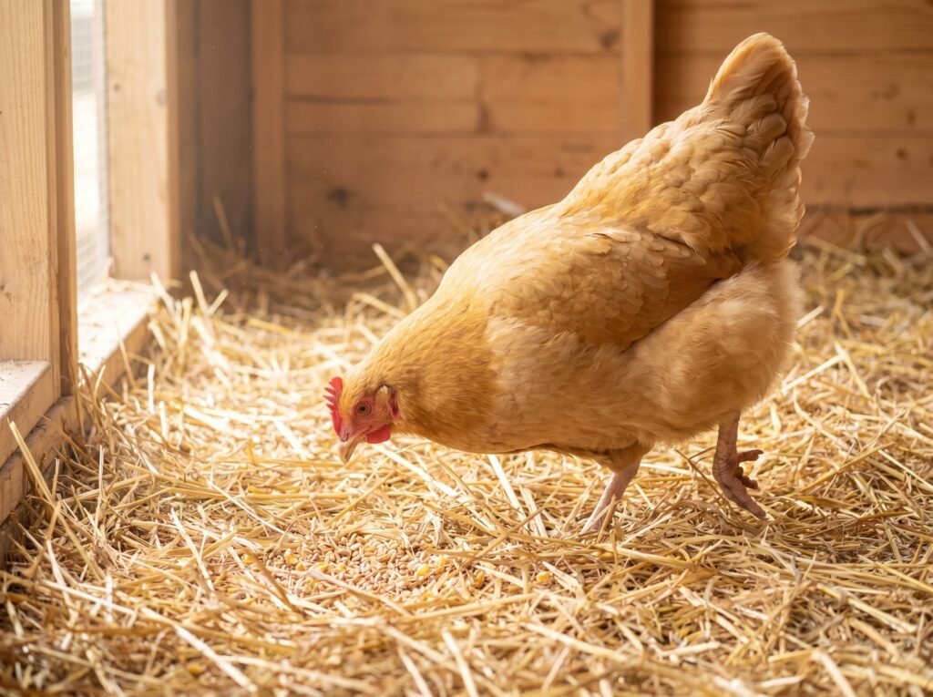Buff Orpington hen foraging through deep straw litter with scattered grains for enrichment
