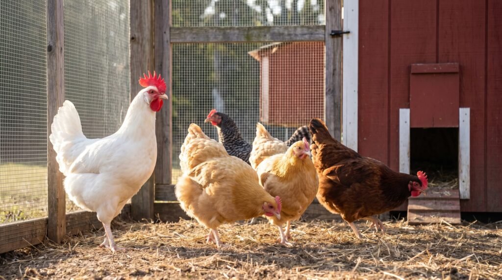 Mixed backyard flock showing Leghorn and Buff Orpington pullets at different laying maturity stages