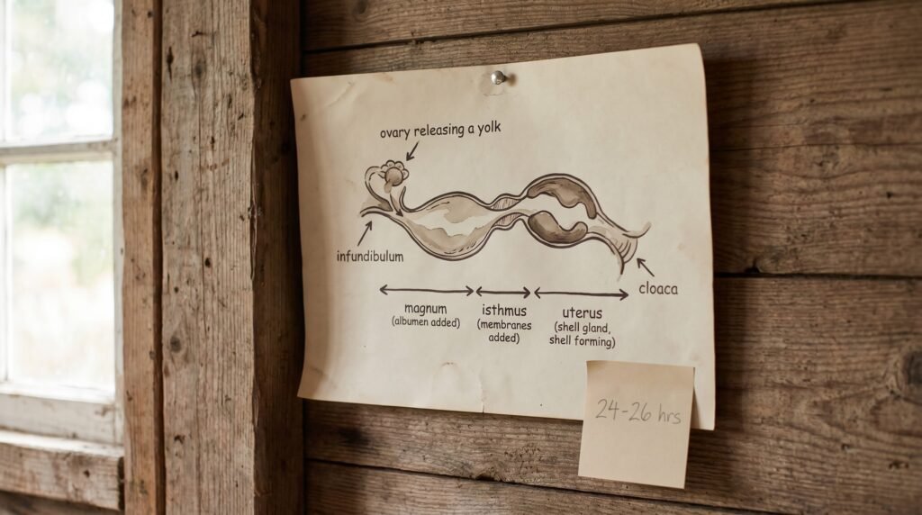 hand-drawn oviduct diagram showing the 24-26 hour egg-forming cycle stages in a coop