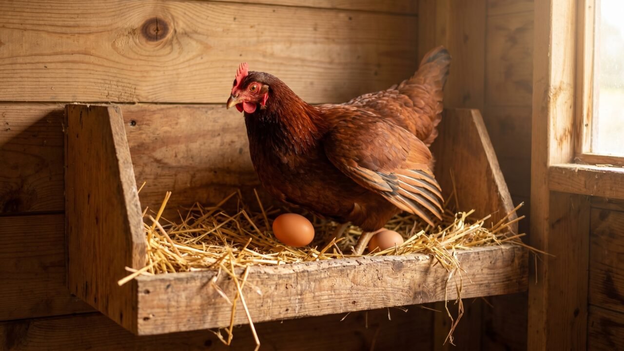Rhode Island Red hen perched in a wooden nest box with two brown eggs in golden straw